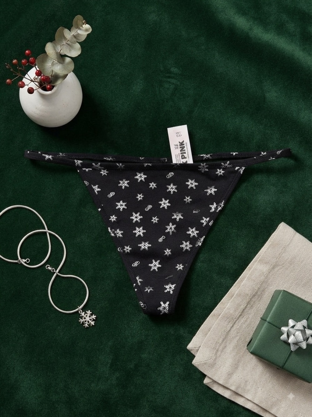 PINK Victoria's Secret Black Snowflake Print Thong